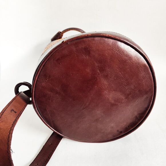 Vintage Boho Brown Tan Rattan Leather Drawstring Crossbody Backpack Bucket Bag main image 9